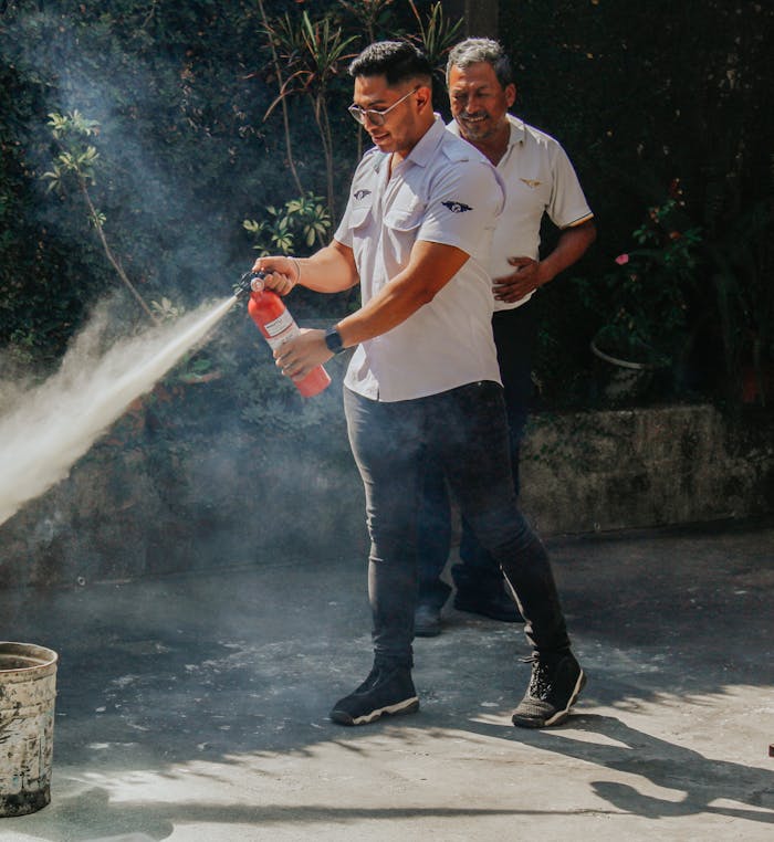 Two men demonstrating fire extinguisher use outdoors in daylight.